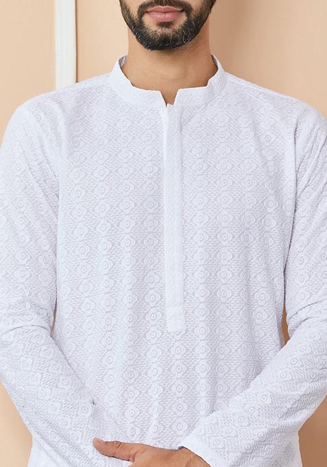 White Chikankari Embroidered Pure Cotton Straight Kurta Set For Men