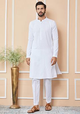 White Chikankari Embroidered Kurta Set For Men