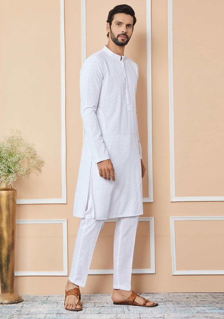 White Chikankari Embroidered Kurta Set For Men