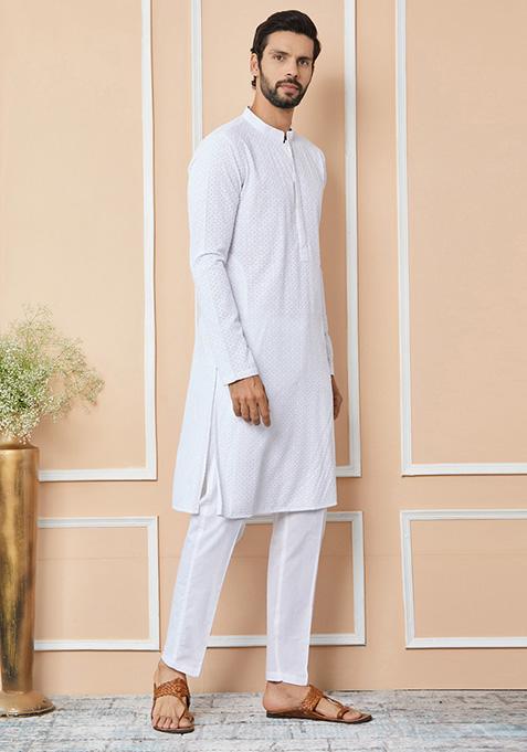 White Chikankari Embroidered Kurta Set For Men