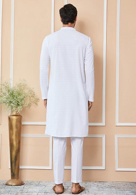 White Chikankari Embroidered Kurta Set For Men
