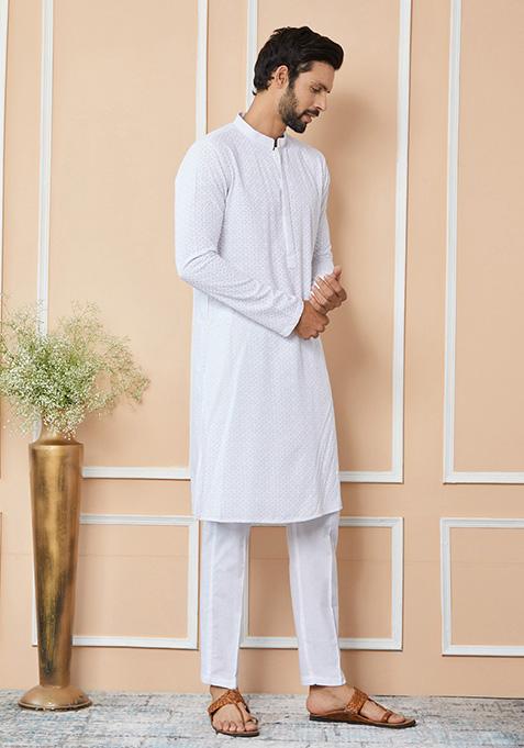 White Chikankari Embroidered Kurta Set For Men
