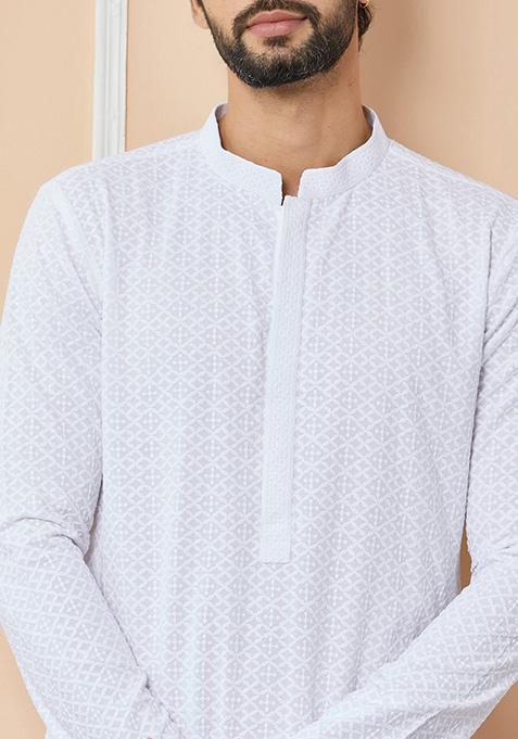 White Chikankari Embroidered Kurta Set For Men