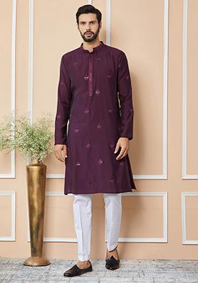 Purple Embroidered Straight Kurta Set For Men
