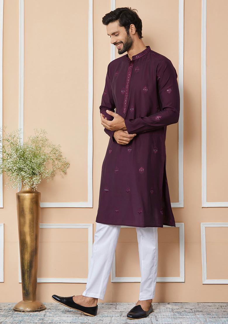 Purple Embroidered Straight Kurta Set For Men