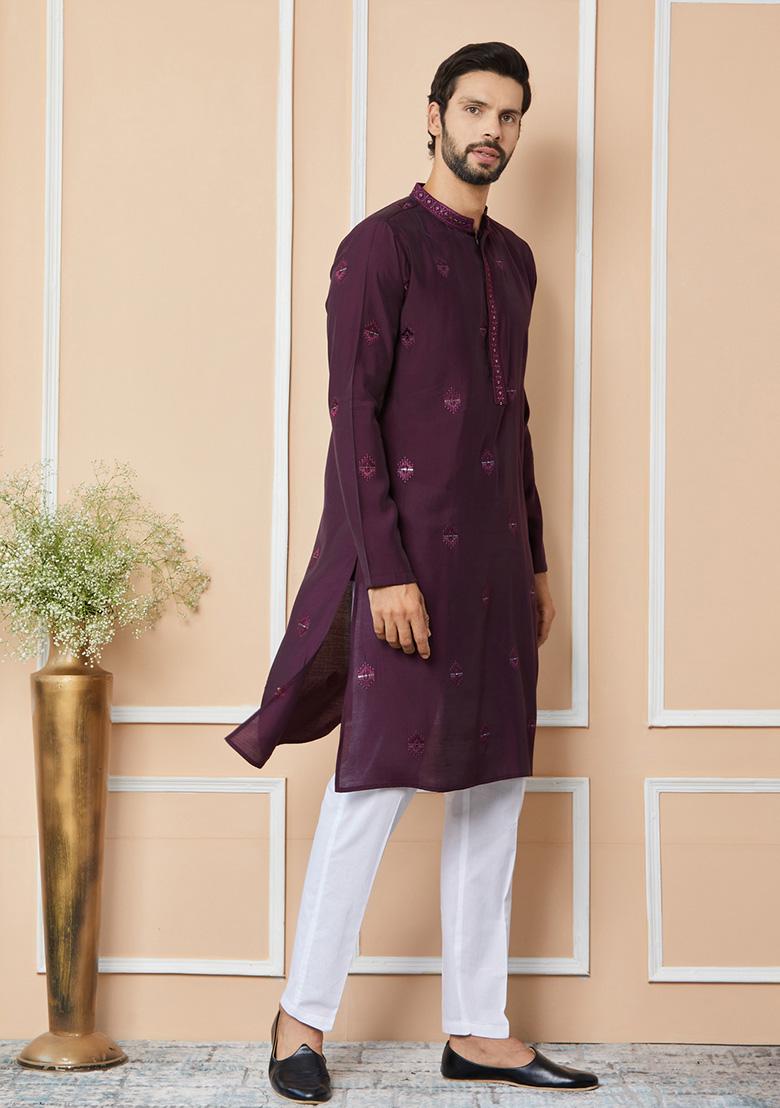 Purple Embroidered Straight Kurta Set For Men