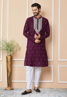 Purple Sequin Embroidered Straight Kurta Set For Men