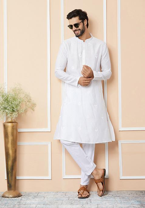 White Embroidered Straight Kurta Set For Men