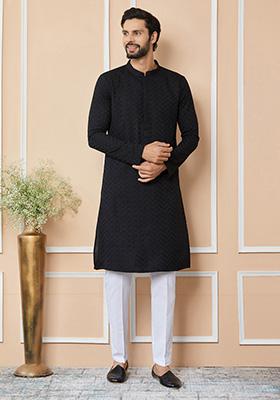 Black Chikankari Embroidered Kurta Set For Men