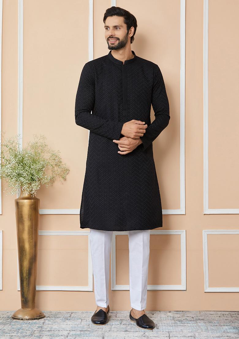 Black Chikankari Embroidered Kurta Set For Men