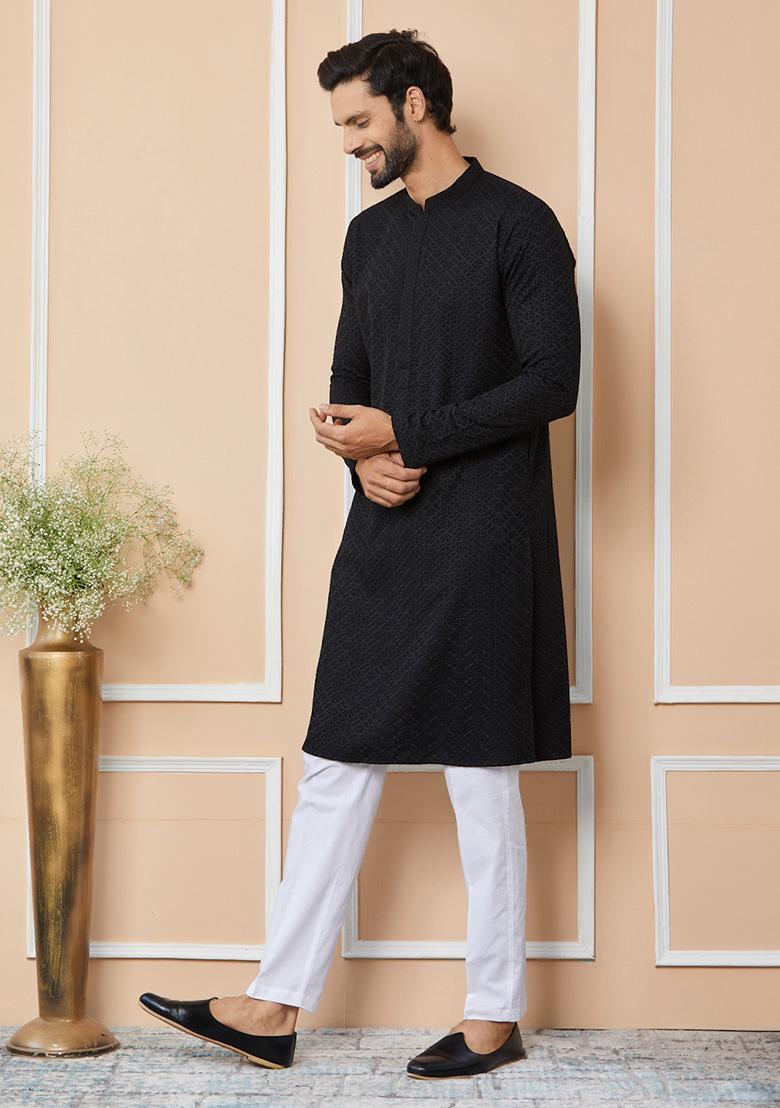 Black Chikankari Embroidered Kurta Set For Men - Indya
