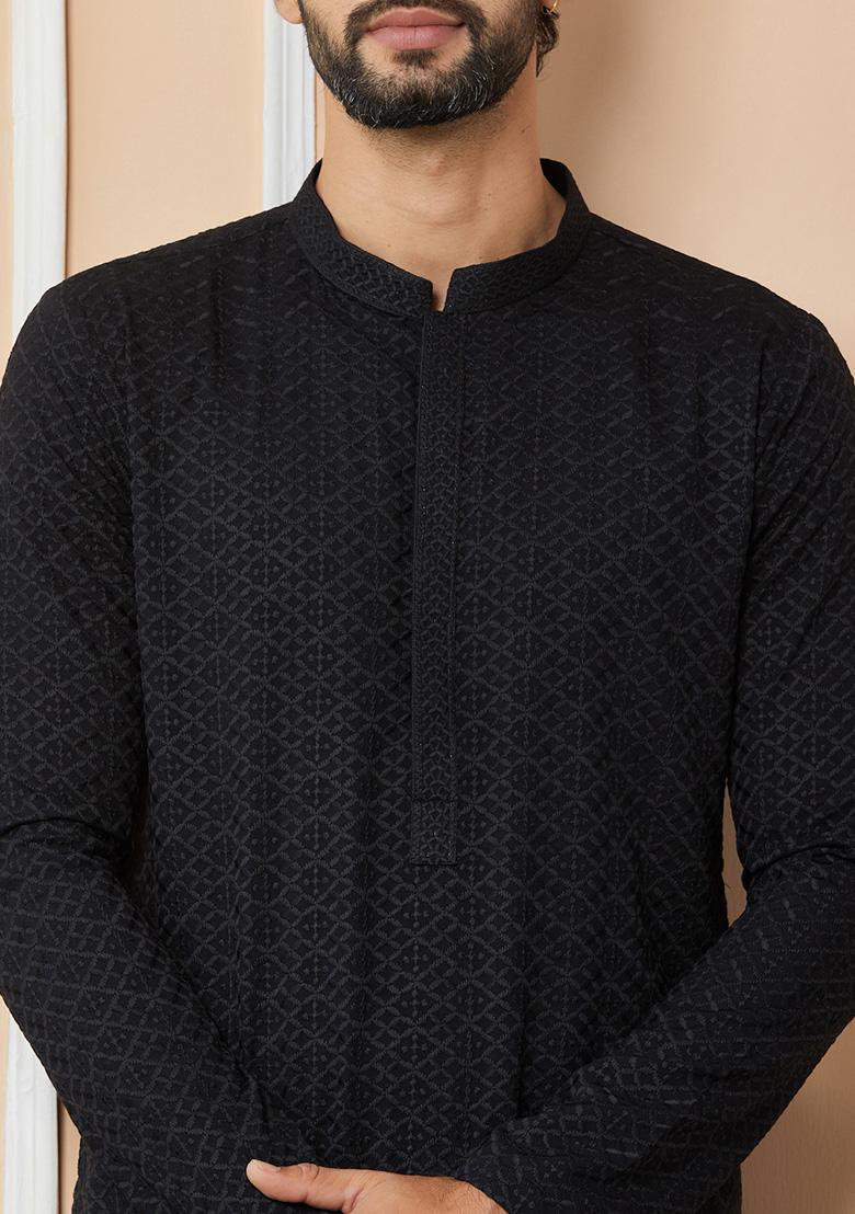Black Chikankari Embroidered Kurta Set For Men