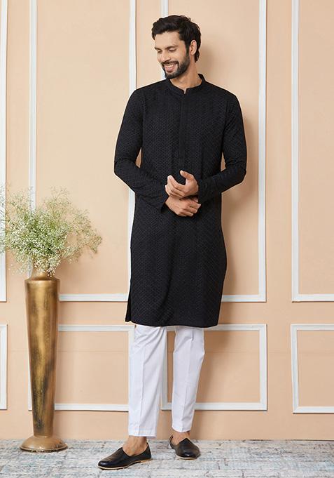 Black Chikankari Embroidered Kurta Set For Men