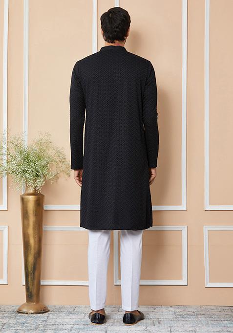 Black Chikankari Embroidered Kurta Set For Men