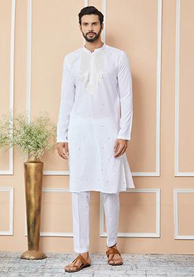 White Sequin Embroidered Straight Kurta Set For Men