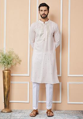 Light Pink Sequin Embroidered Straight Kurta Set For Men