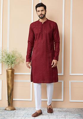 Dark Maroon Sequin Thread Embroidered Straight Kurta Set For Men