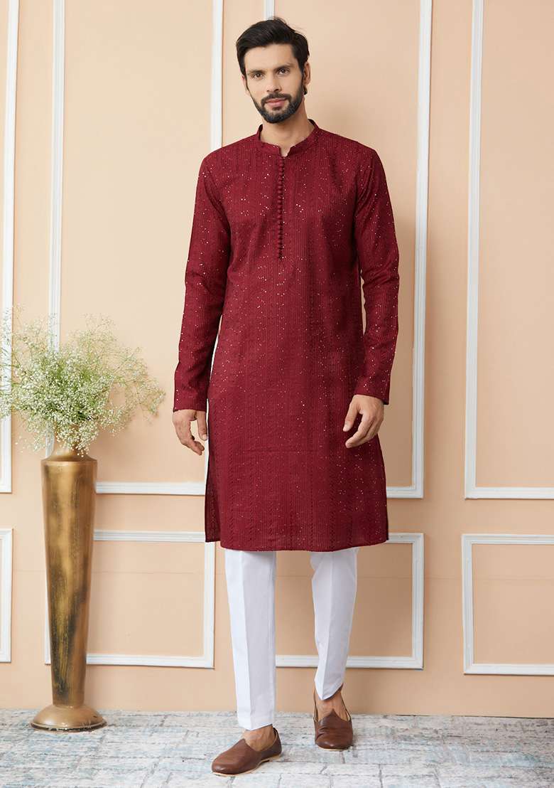 Dark Maroon Sequin Thread Embroidered Straight Kurta Set For Men - Indya