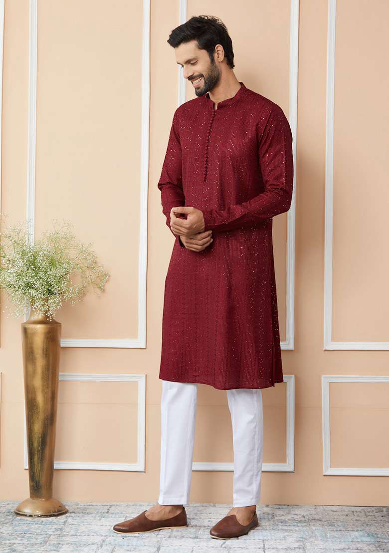 Dark Maroon Sequin Thread Embroidered Straight Kurta Set For Men - Indya