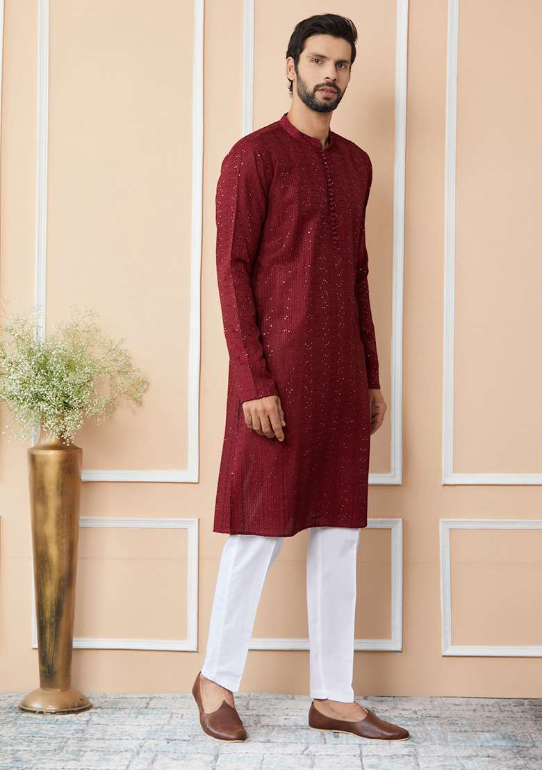 Dark Maroon Sequin Thread Embroidered Straight Kurta Set For Men - Indya