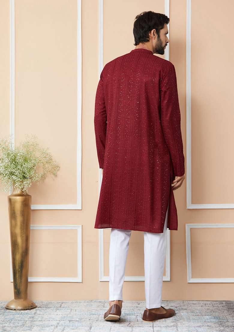 Dark Maroon Sequin Thread Embroidered Straight Kurta Set For Men - Indya