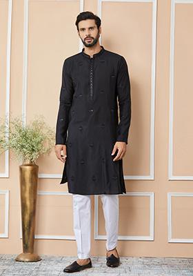 Black Embroidered Chanderi Silk Kurta Set For Men