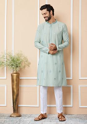 Peppermint Green Embroidered Kurta Set For Men