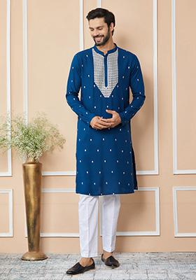 Royal Blue Sequin Embroidered Straight Kurta Set For Men