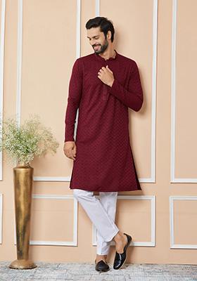 Maroon Embroidered Straight Kurta Set For Men
