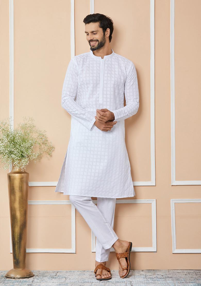 White Chikankari Embroidered Cotton Straight Kurta Set For Men