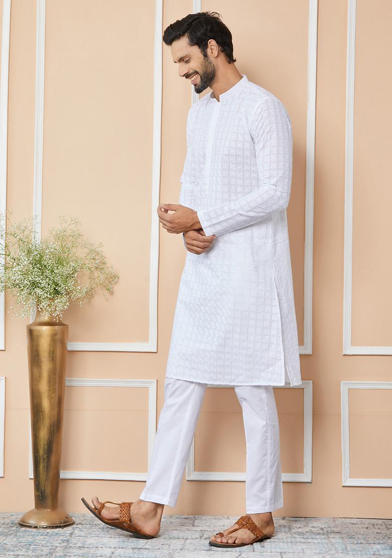 White Chikankari Embroidered Cotton Straight Kurta Set For Men