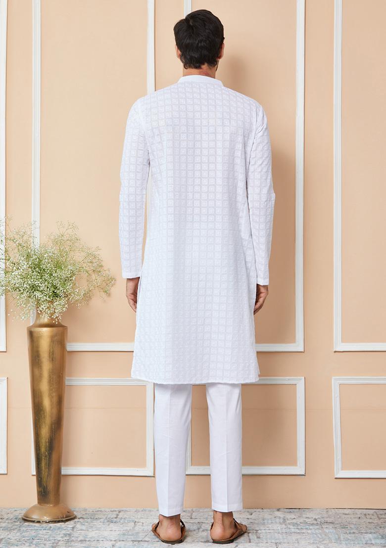 White Chikankari Embroidered Cotton Straight Kurta Set For Men