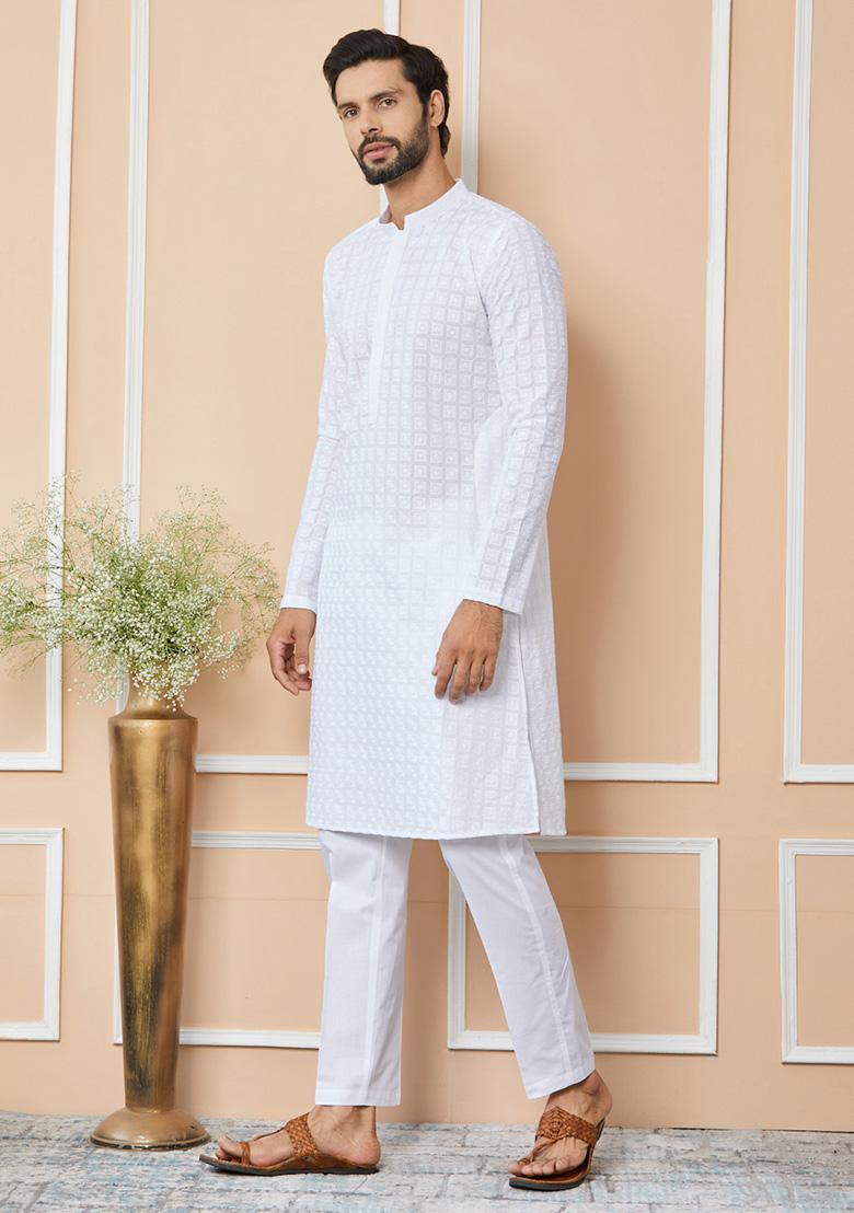 White Chikankari Embroidered Cotton Straight Kurta Set For Men