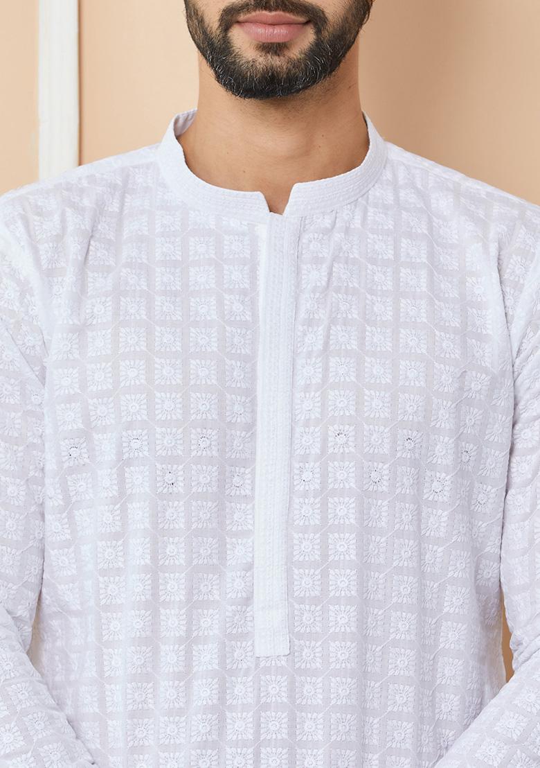 White Chikankari Embroidered Cotton Straight Kurta Set For Men
