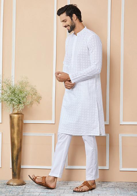 White Chikankari Embroidered Cotton Straight Kurta Set For Men