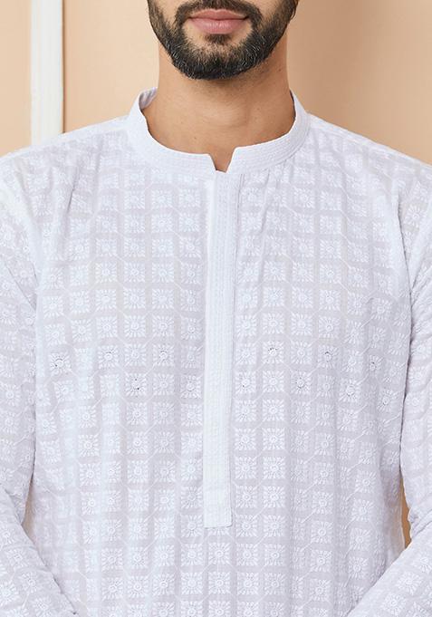White Chikankari Embroidered Cotton Straight Kurta Set For Men