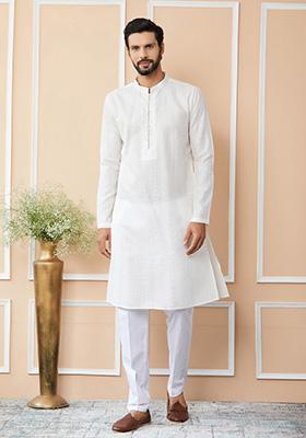 Off White Sequin Thread Embroidered Straight Kurta Set For Men