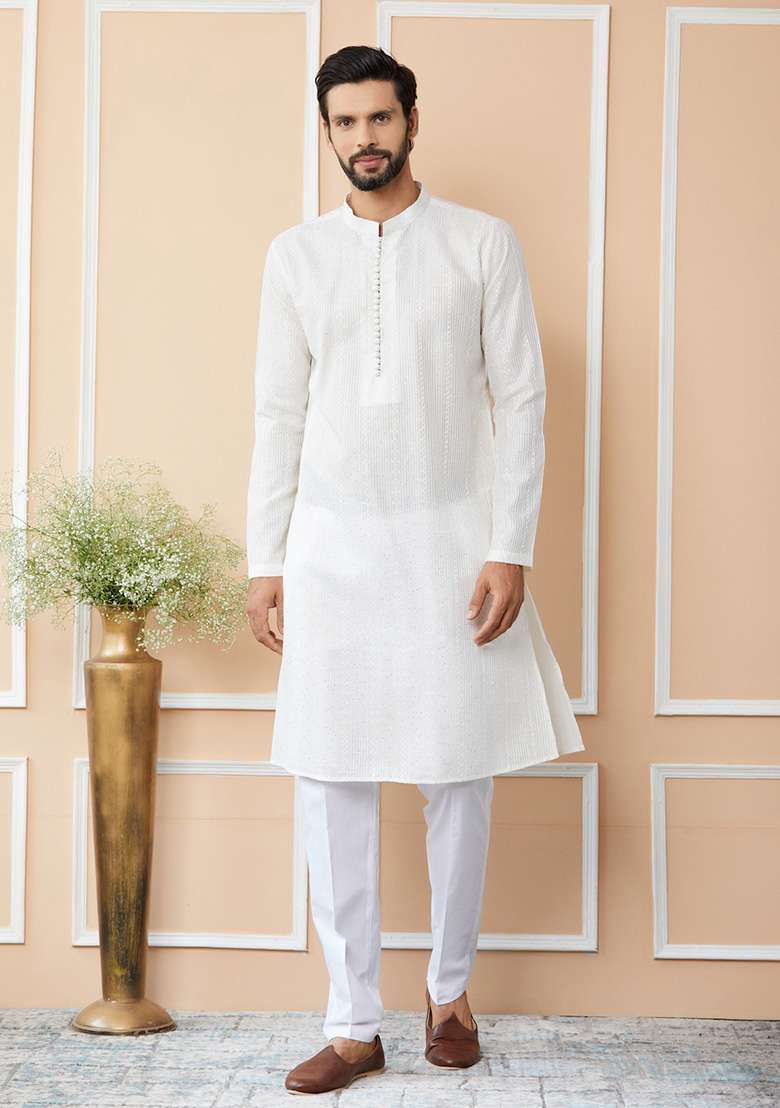 Off White Sequin Thread Embroidered Straight Kurta Set For Men - Indya