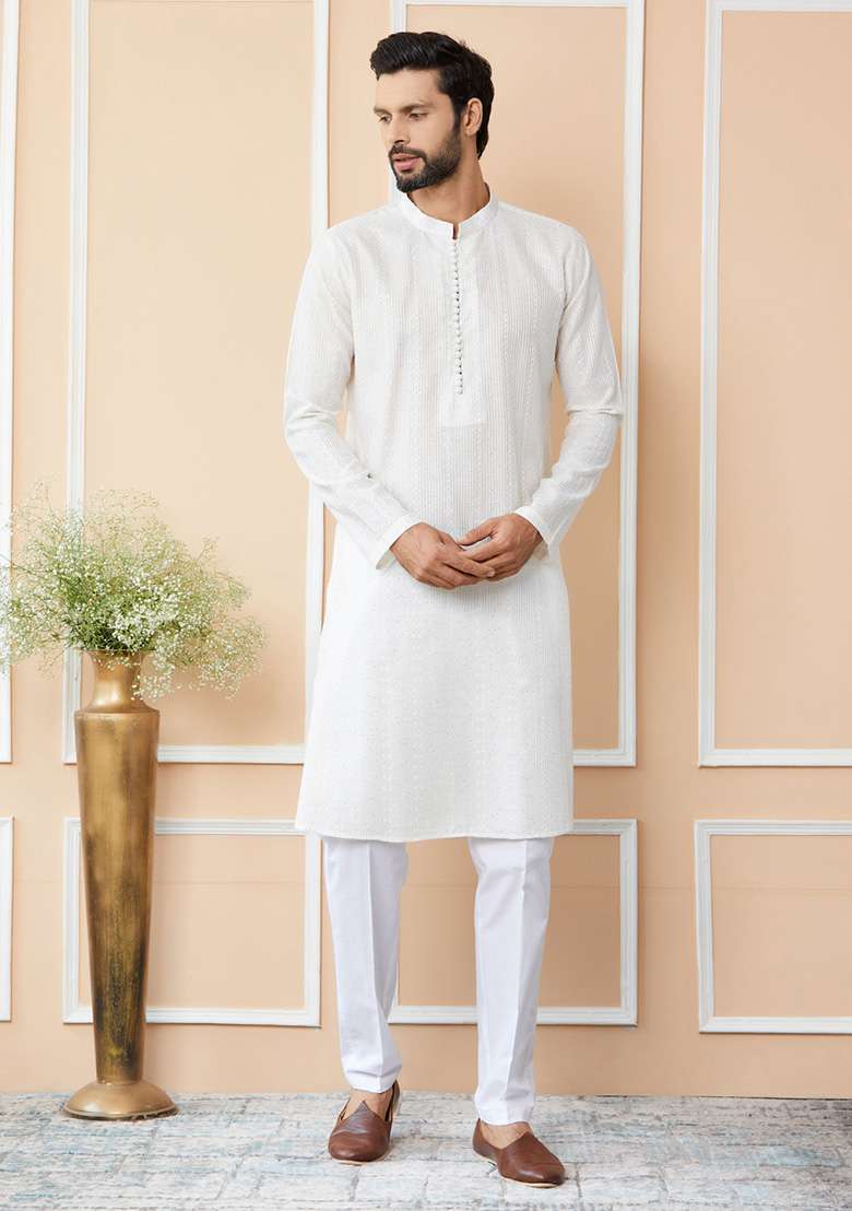 Off White Sequin Thread Embroidered Straight Kurta Set For Men - Indya