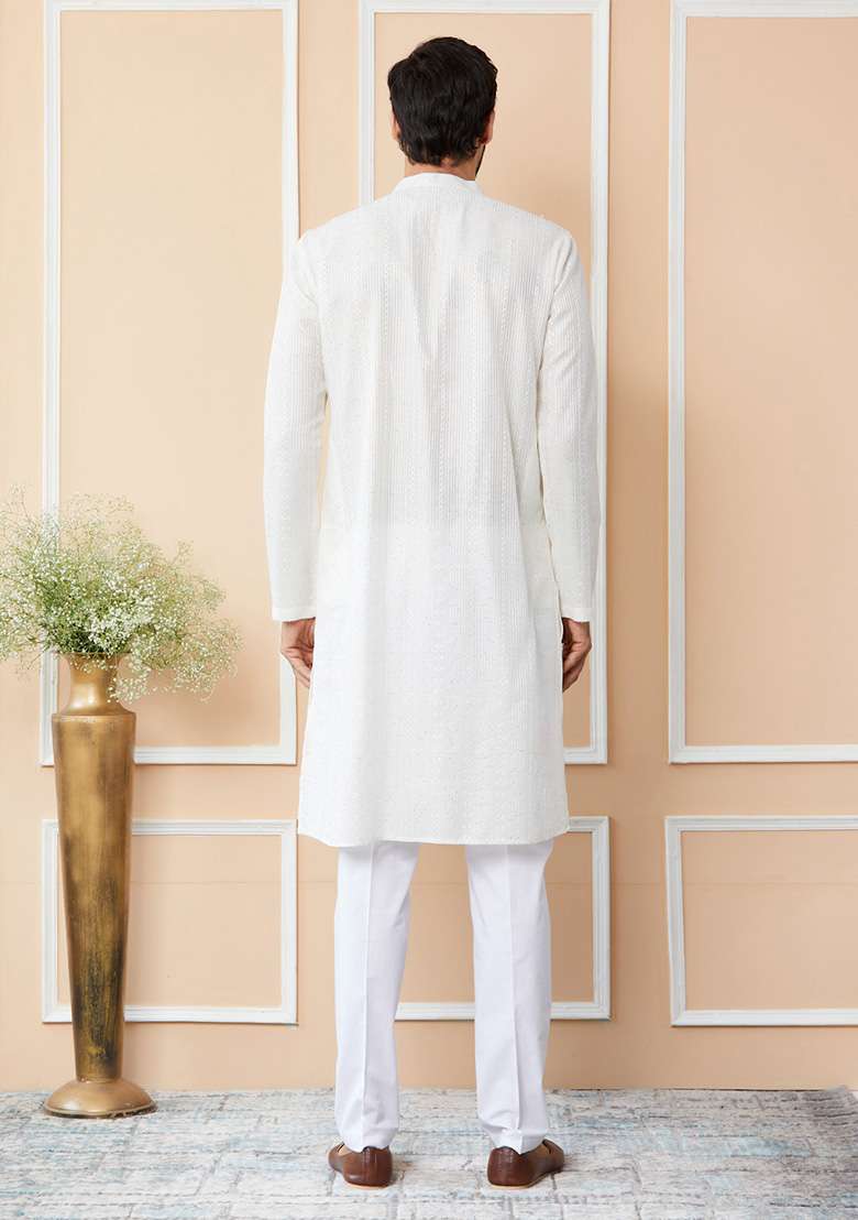 Off White Sequin Thread Embroidered Straight Kurta Set For Men - Indya