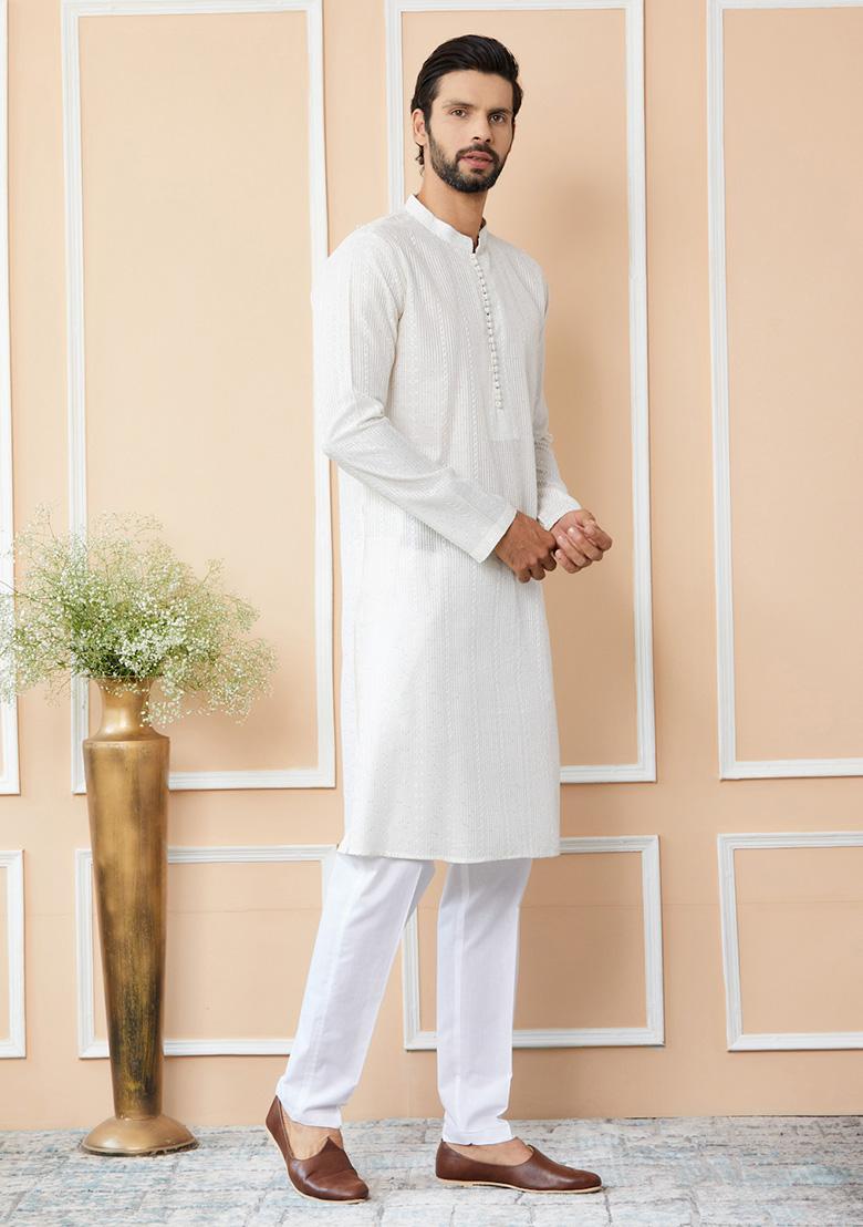 Off White Sequin Thread Embroidered Straight Kurta Set For Men - Indya