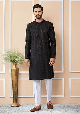 Black Sequin Thread Work Straight Kurta Set For Men