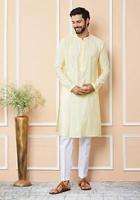 Light Yellow Embroidered Kurta Set For Men
