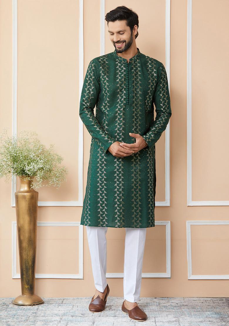 Green Sequin Thread Embroidered Straight Kurta Set For Men
