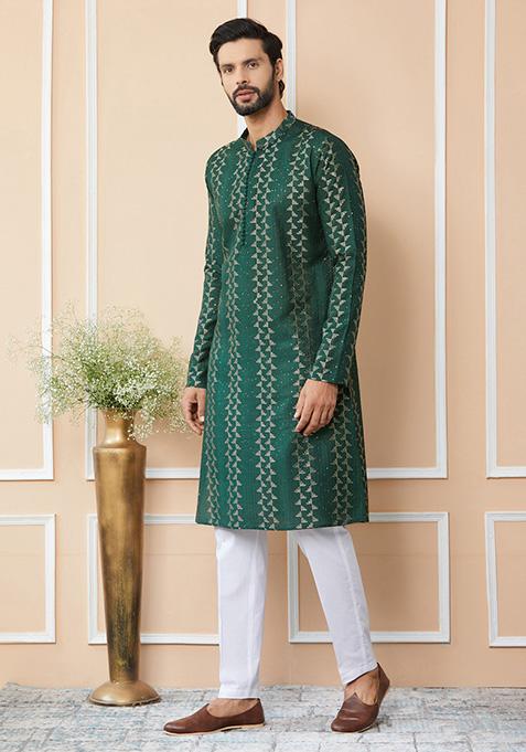 Green Sequin Thread Embroidered Straight Kurta Set For Men
