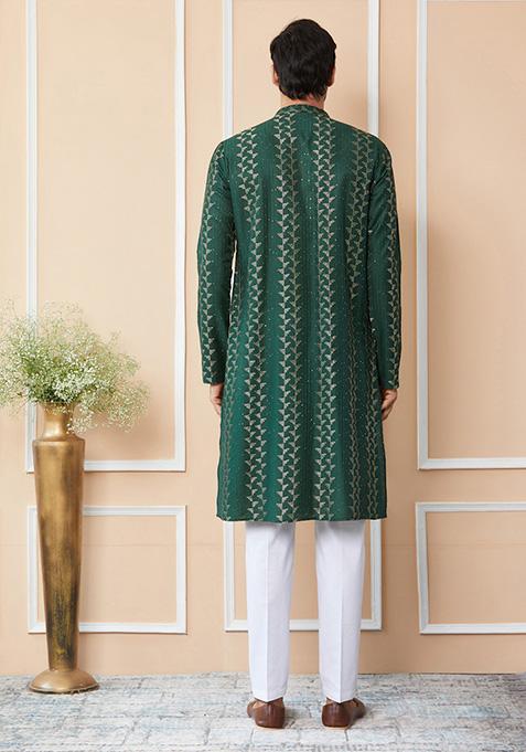 Green Sequin Thread Embroidered Straight Kurta Set For Men