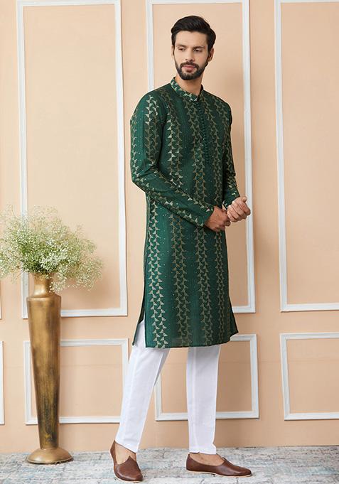 Green Sequin Thread Embroidered Straight Kurta Set For Men