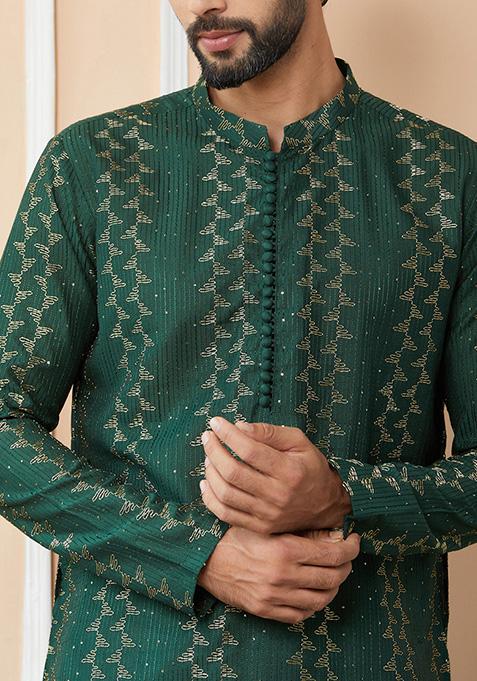Green Sequin Thread Embroidered Straight Kurta Set For Men