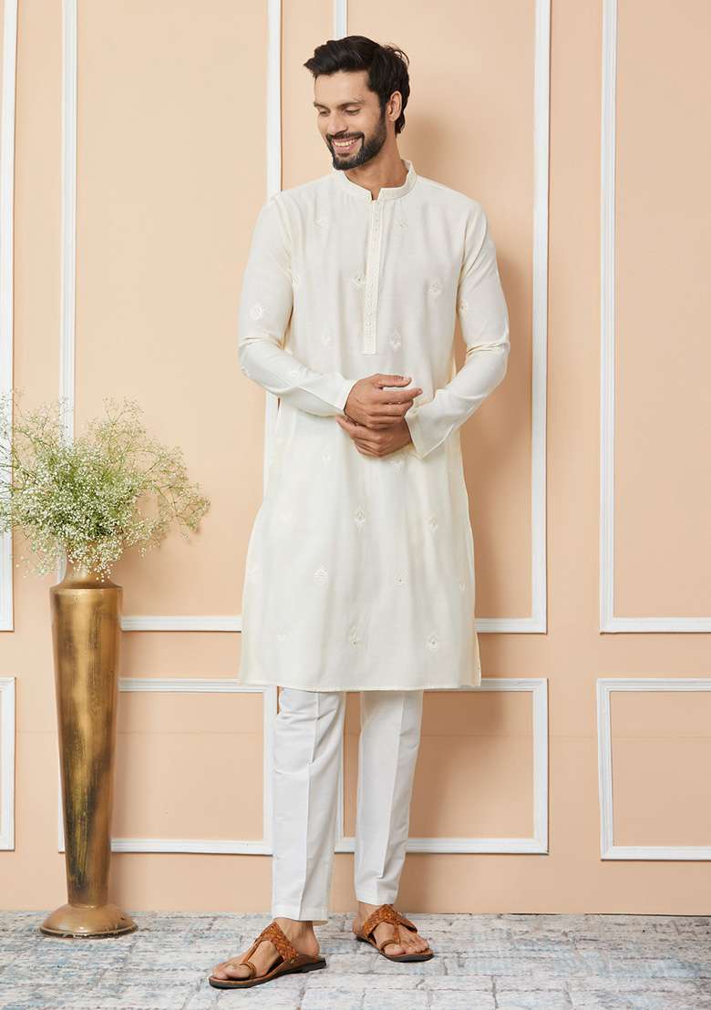 Cream Embroidered Kurta Set For Men - Indya