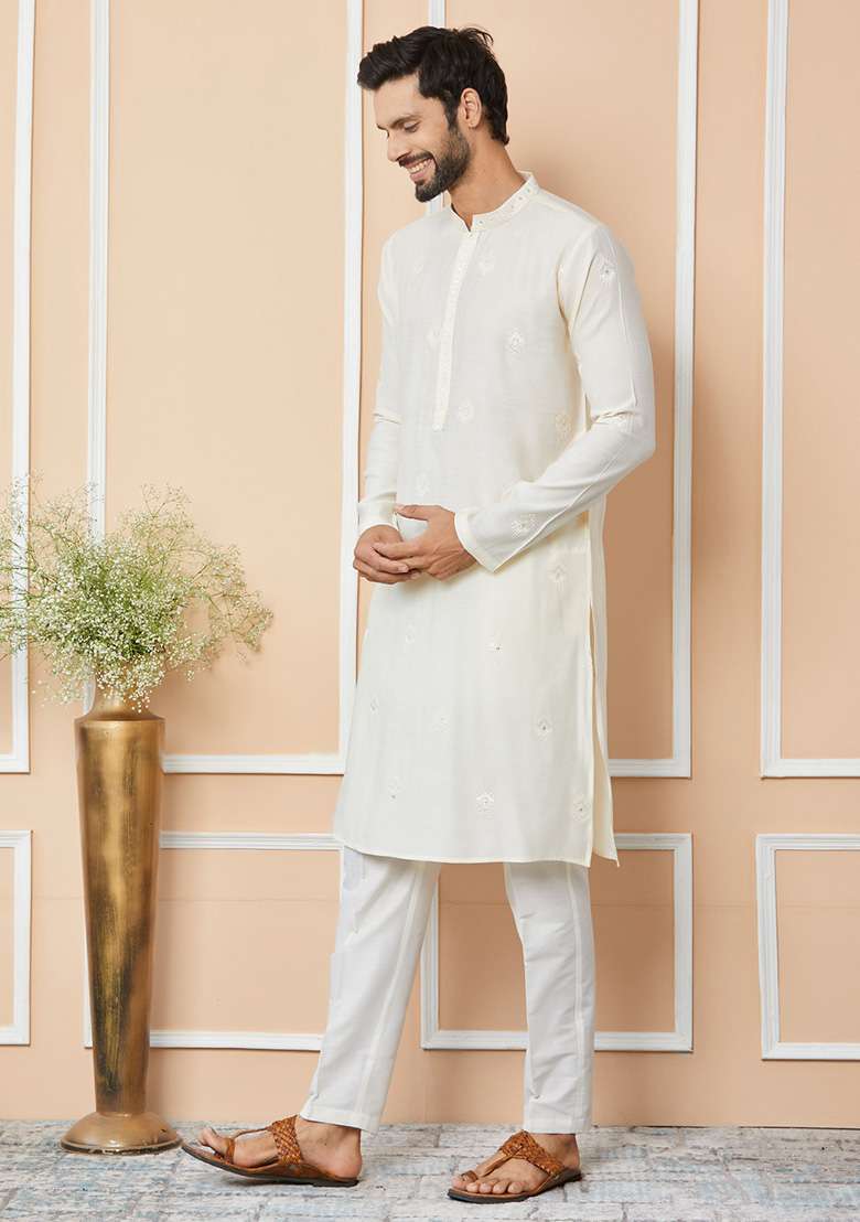 Cream Embroidered Kurta Set For Men - Indya